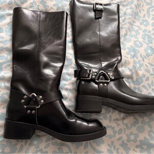 New Stradivarius Shiny Black Combat Boots with Buckle